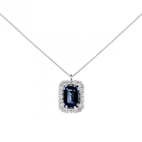 Colgante oro blanco con Zafiro Azul rectangular y halo de diamantes (0513006ZA)